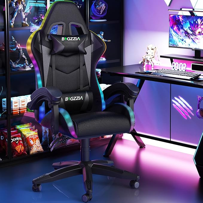 Gaming Chair with RGB LED Lights, Ergonomic Computer Chair with Headrest and Lumbar Support, PU L... | Amazon (US)