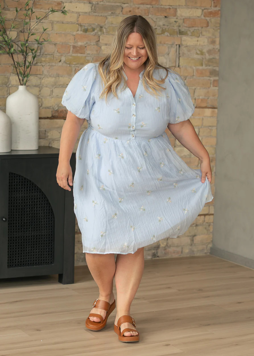 Blue Embroidered Midi Dress | Floral V-Neck | Inherit Co. | Inherit Clothing Co.