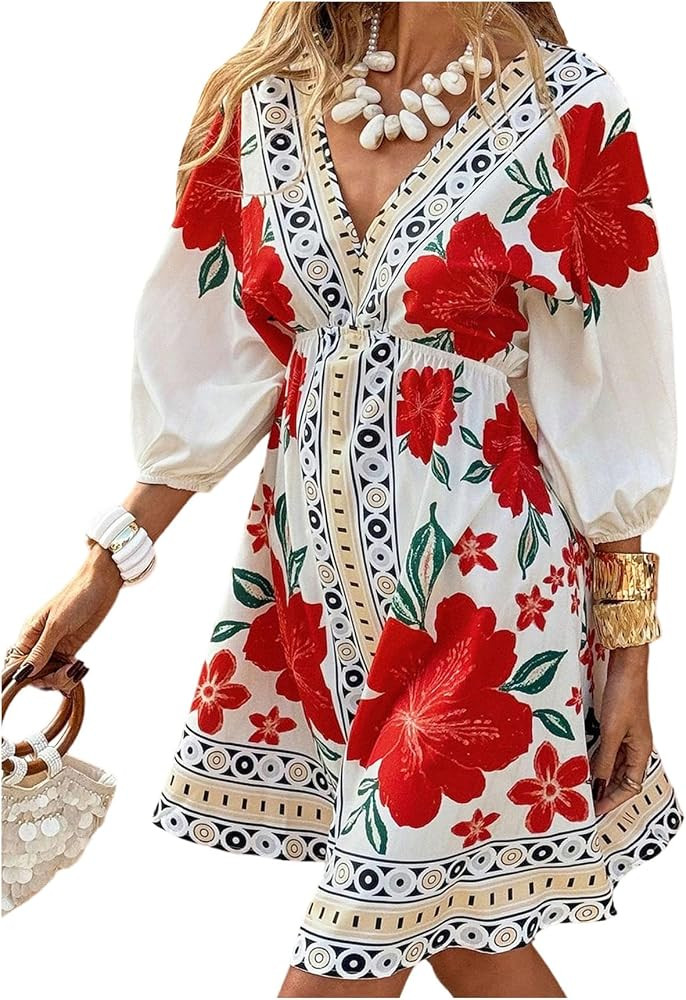 RoseSeek Women's Floral Boho Print Dress Deep V Neck 3/4 Sleeve Flowy Vacation Short Dresses | Amazon (US)
