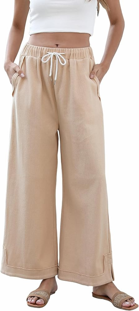 Springrain Womens Baggy Wide Leg Pants Casual Loose Cotton Drawstring Elastic Waisted Palazzo Pan... | Amazon (US)