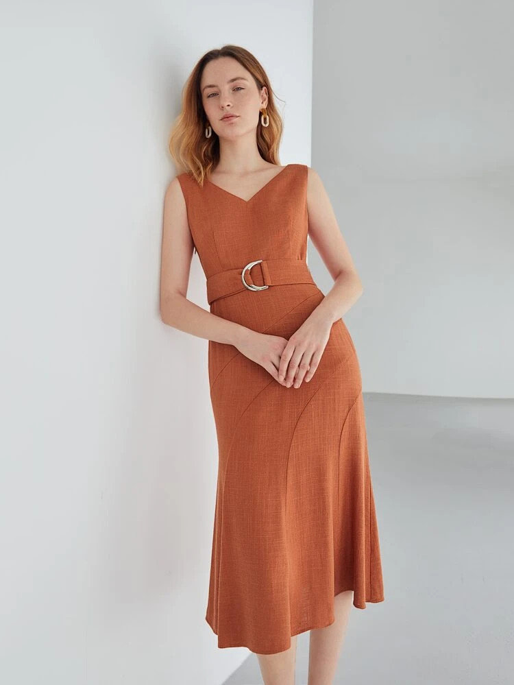 MOTF PREMIUM LINEN BELTED MERMAID DRESS | SHEIN