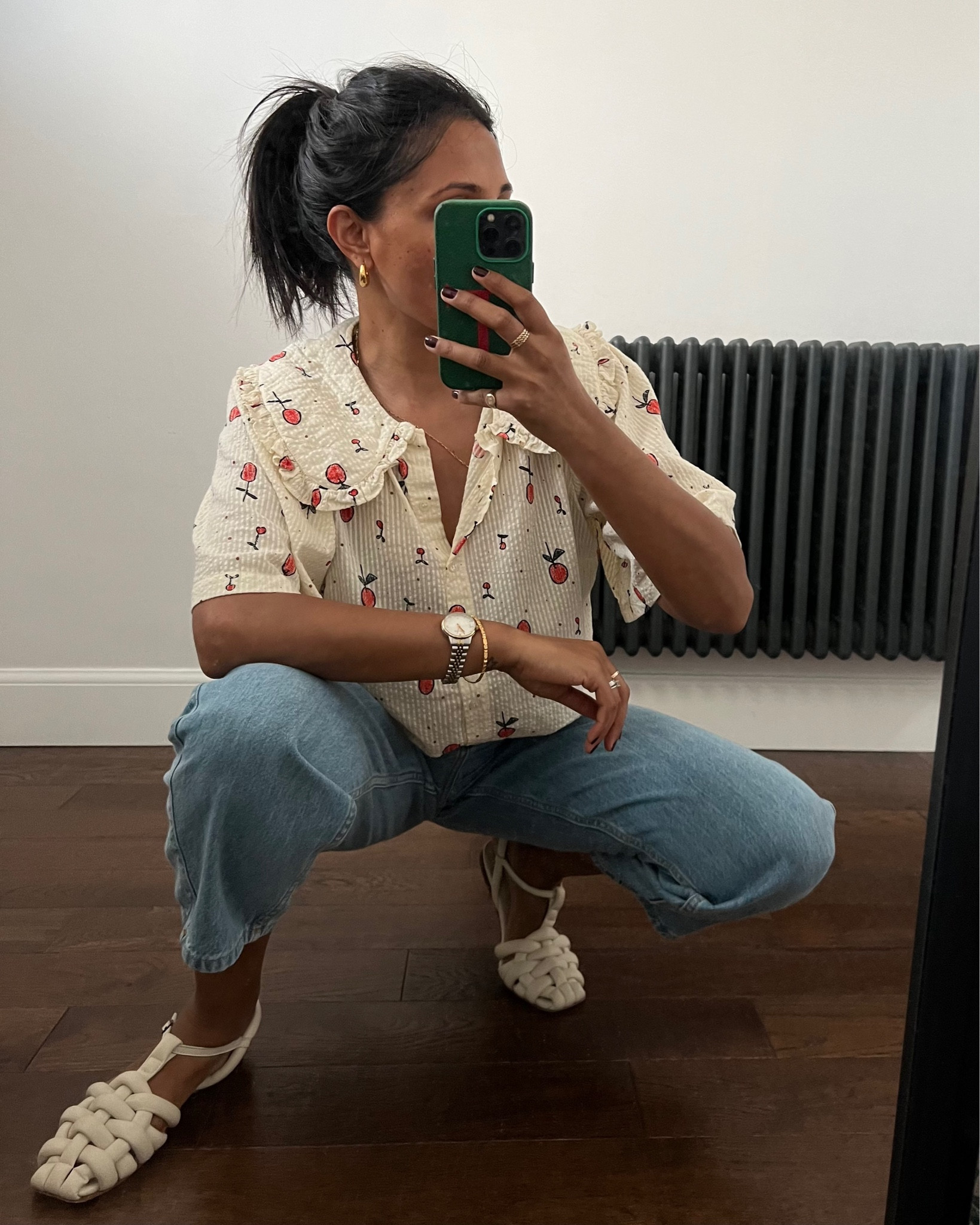 Weekday outfit, transitional outfit, patterned blouse, doll collar blouse, cherry print, white blouse, blue jeans, stretch jeans, mom jeans, white sandals, leather sandals, chunky sandals, M&S, Abercrombie & Fitch, Abbott Lyon, Trouva, COS

#LTKSeasonal #LTKeurope #LTKstyletip