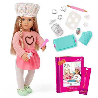 Our Generation Emery Posable 18" Doll with Baking Accessories and Story Book: Straight Blonde Hair, Gray Eyes, Food Theme | Target
