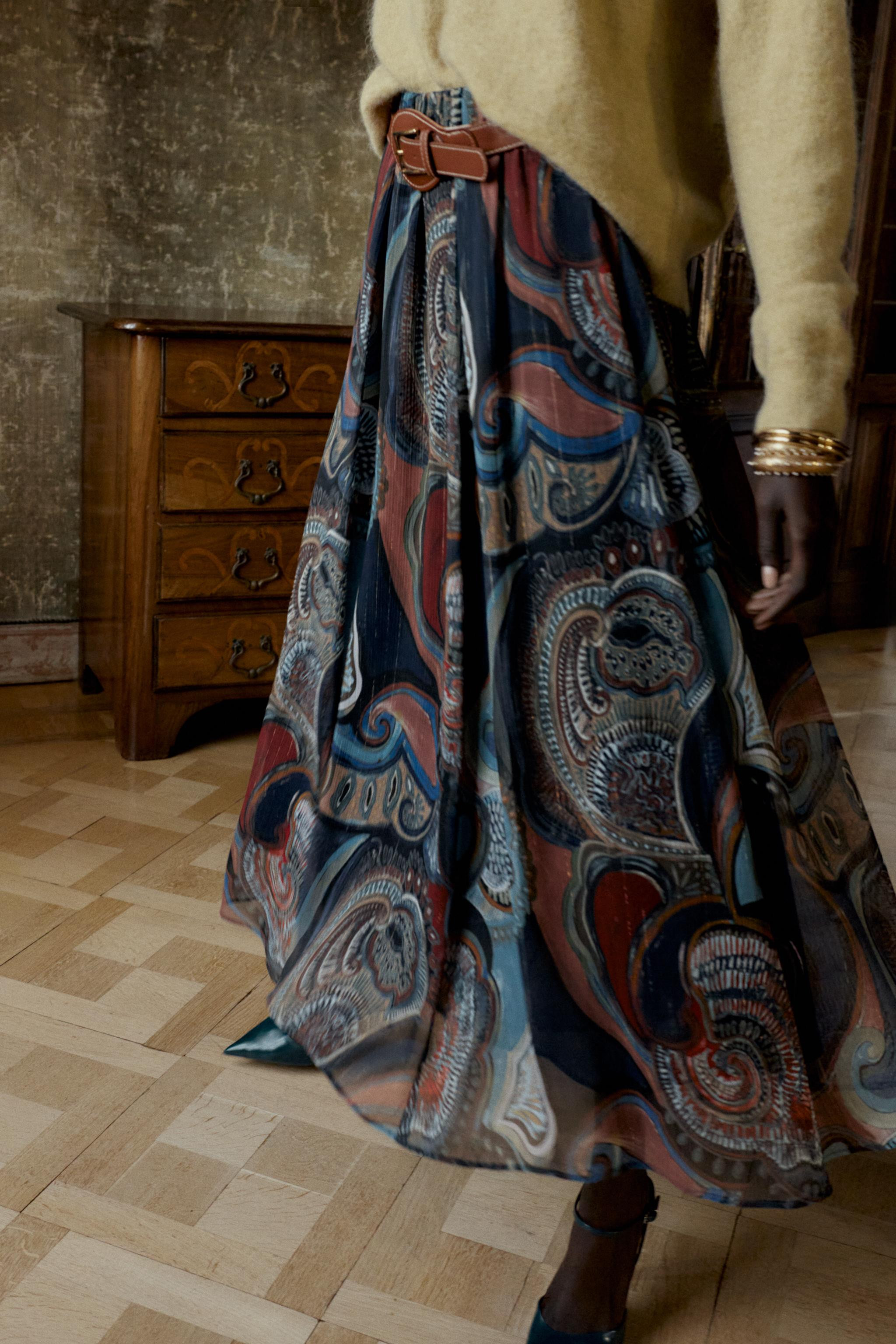 METALLIC THREAD PRINTED MIDI SKIRT WITH BELT | Zara US