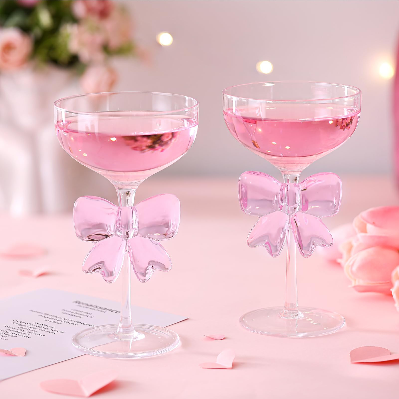 2 Pack Bow Wine Glasses Pink Bow Clear Cocktail Glasses 6.8 oz Delicate and Elegant Pink Coupe De... | Amazon (US)