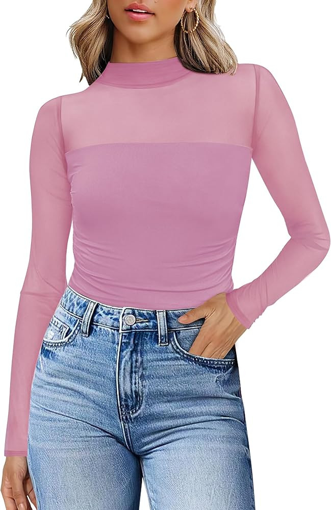 Womens Sexy Mesh Long Sleeve Shirts Fashion Clothing Turtle Necks Sheer Ruched Going Out Tops Fal... | Amazon (US)