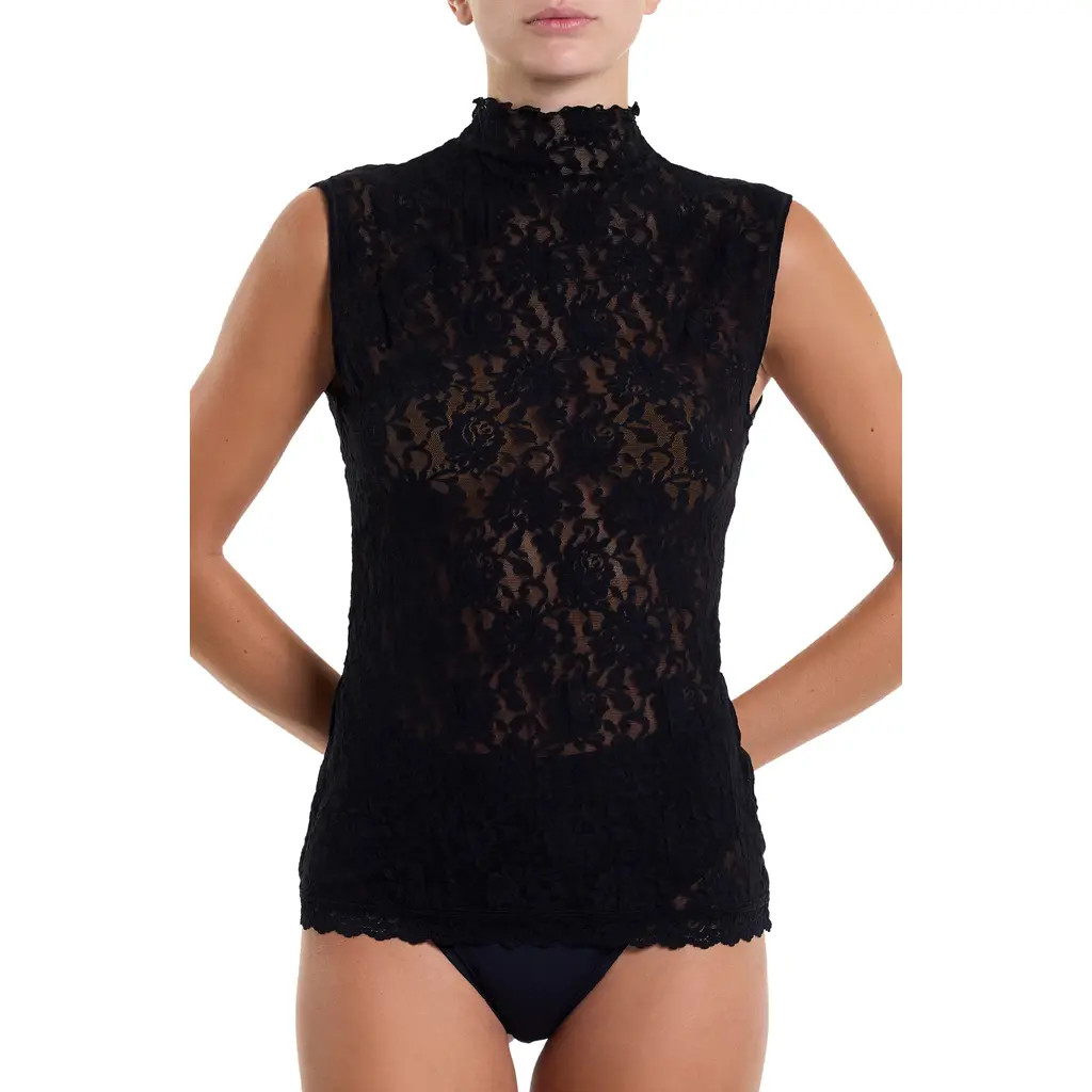 Hanky Panky Sig Mock Neck Sheer Lace Top in Black at Nordstrom, Size X-Small | Nordstrom