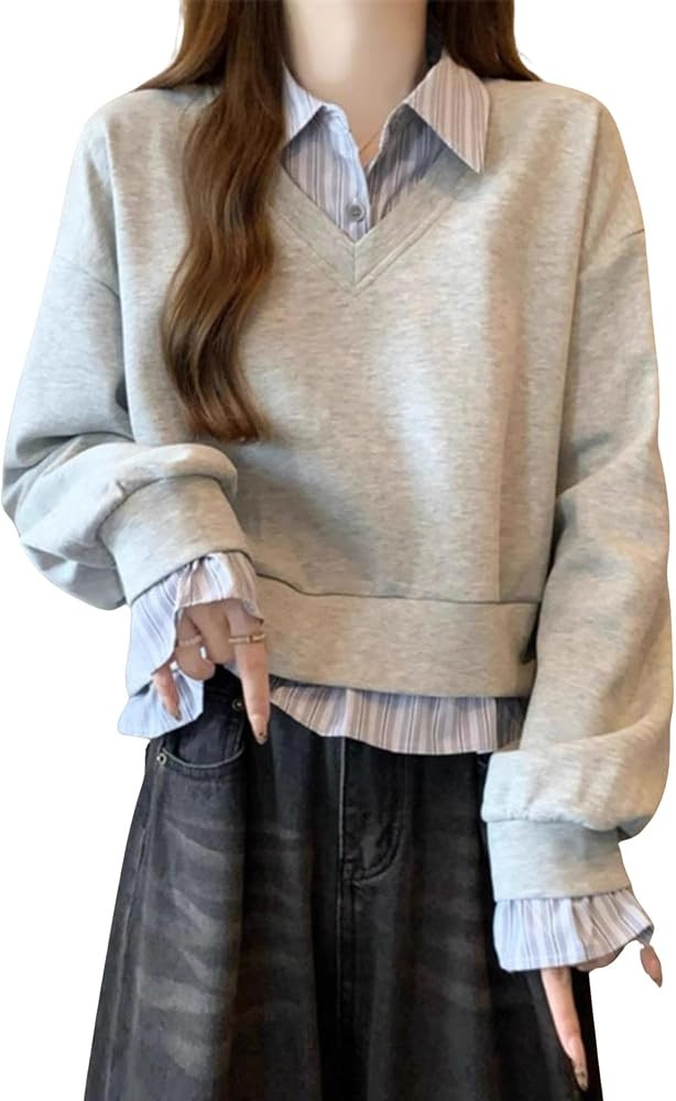 CORIRESHA Women's Korean Style Cute Two Piece Look Sweatshirt Casual Polo Collar Striped Patchwor... | Amazon (US)
