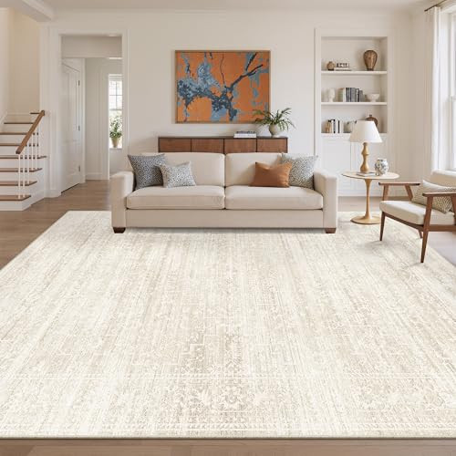 Soalmost 9x12 Area Rugs for Living Room, Washable Vintage Floral Non-Slip Low Pile Natural Rug Soft Throw Large Carpet for Dining Room Bedroom Farmhouse Home Office (Beige/Cream, 9'x12') | Amazon (US)