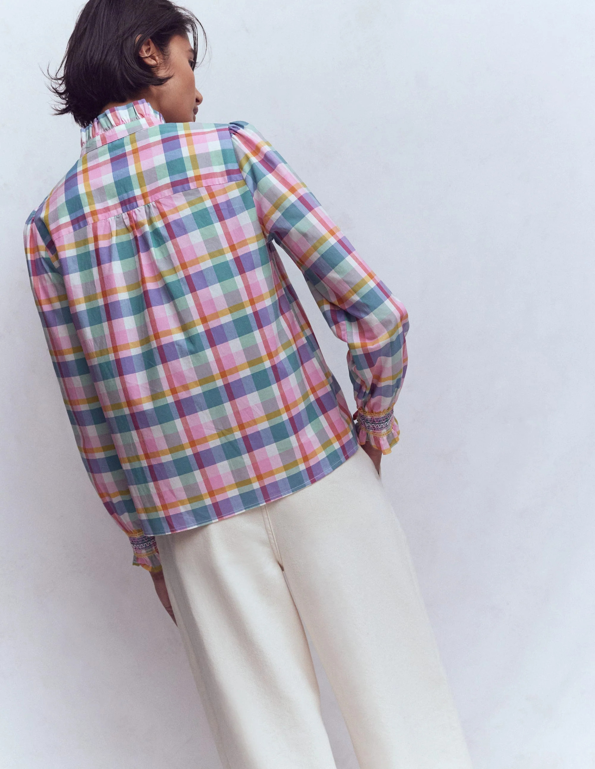 Esme Smocked Detail Frill Top-Multi Check | Boden (US)