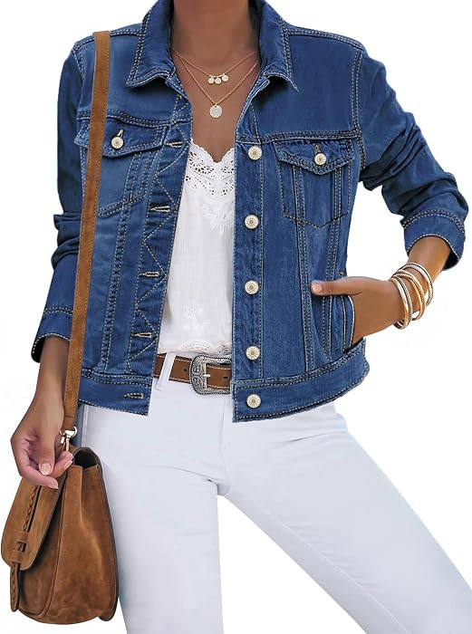 luvamia Women's Basic Button Down Stretch Fitted Long Sleeves Denim Jean Jacket | Amazon (US)