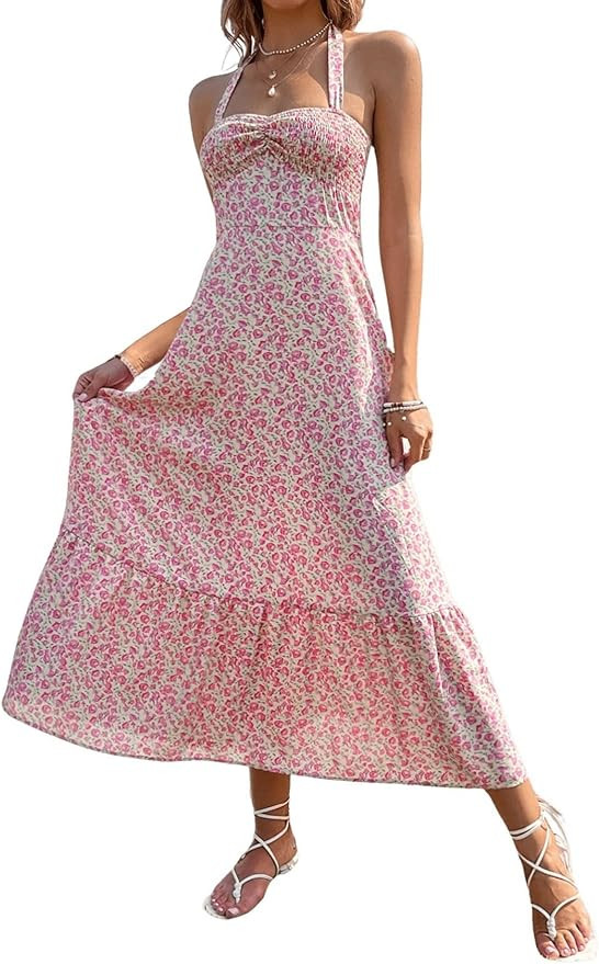 Floerns Women's Floral Print Ruched Bust Sleeveless Halter Neck A Line Midi Dress | Amazon (US)