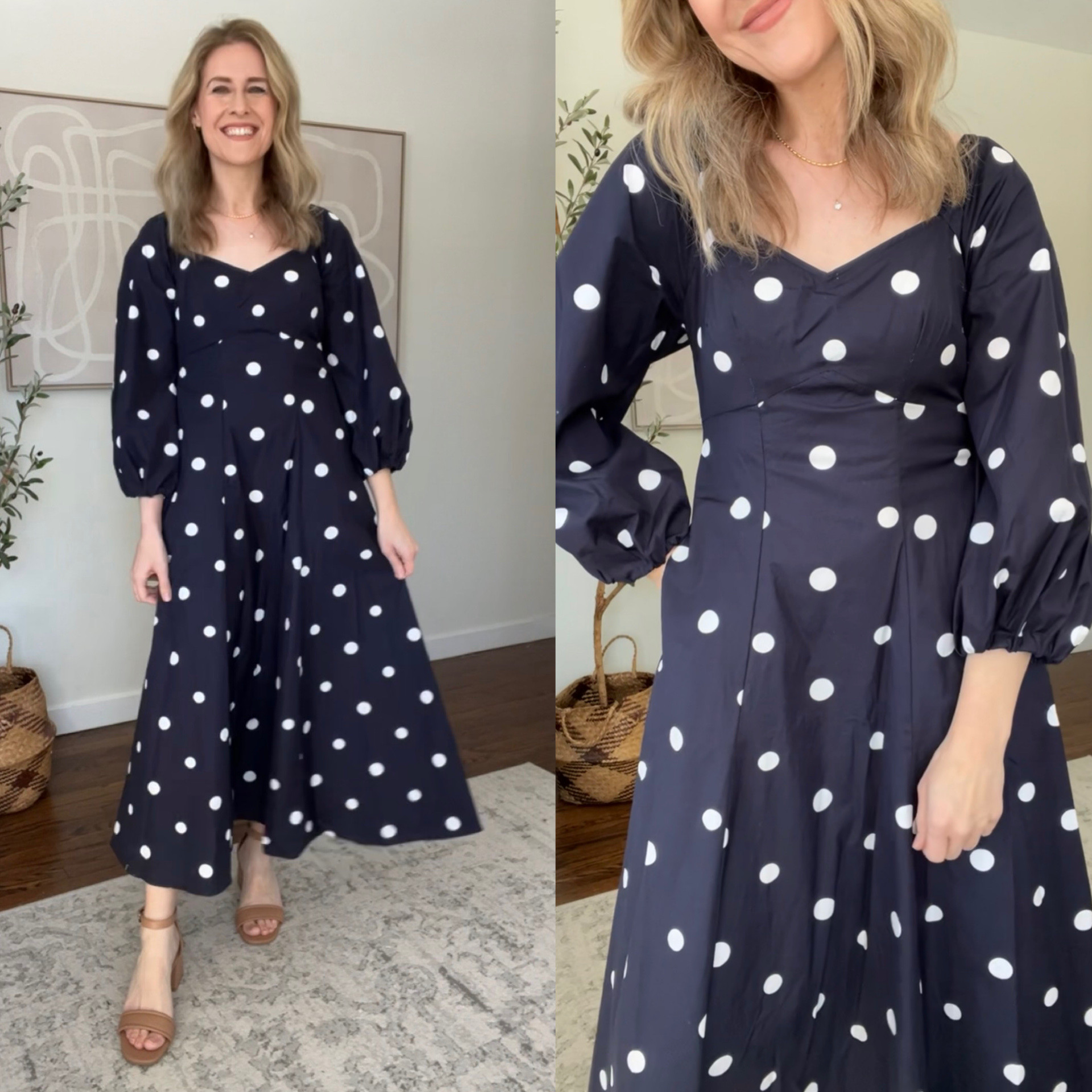 Walmart polka dot midi dress, long sleeves, smocking in the back. Fits true to size; I’m in a small. It’s 100% cotton, kind of feels like a crisp cotton sheet! #walmartfashion 