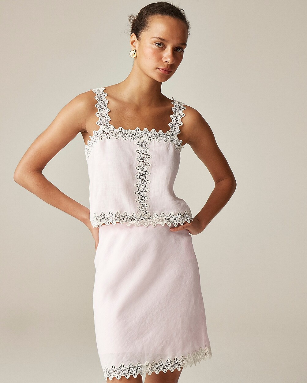 Lace-trim squareneck tank top in linen | J. Crew US