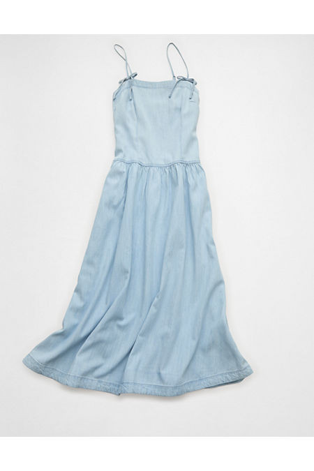 AE Denim Bow Strap Midi Dress Women's Light Wash XXS | American Eagle Outfitters (US & CA)
