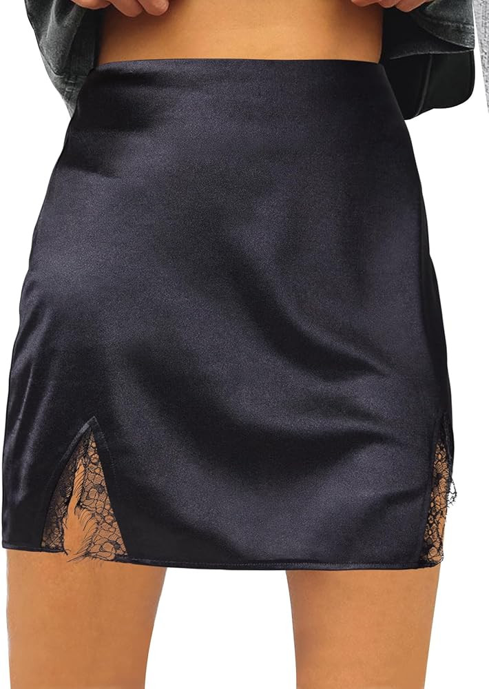 LYANER Women's Satin Silky Lace Trim Split Slit Hem Zipper High Wasit Mini Short Skirt | Amazon (US)