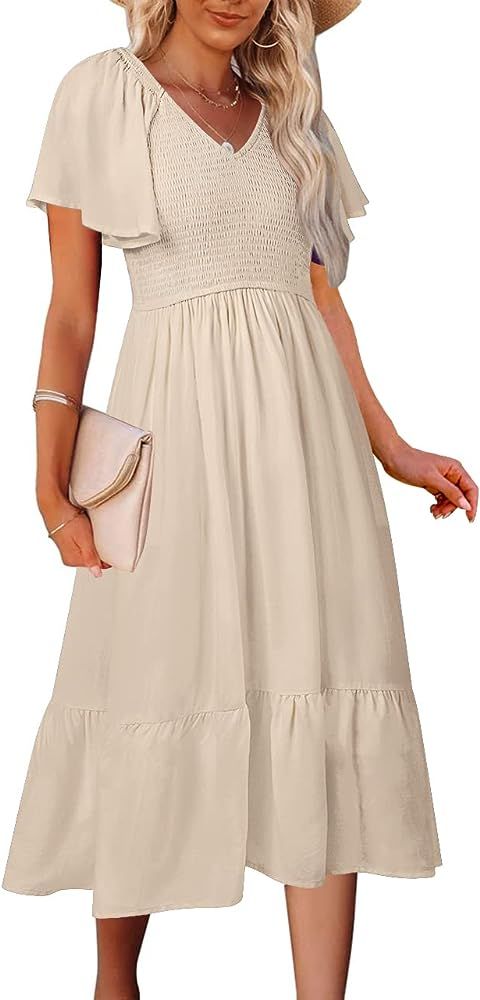 MEROKEETY Women's Summer Casual V Neck Ruffle Sleeve Smocked High Waist Midi Dress with Pockets | Amazon (US)