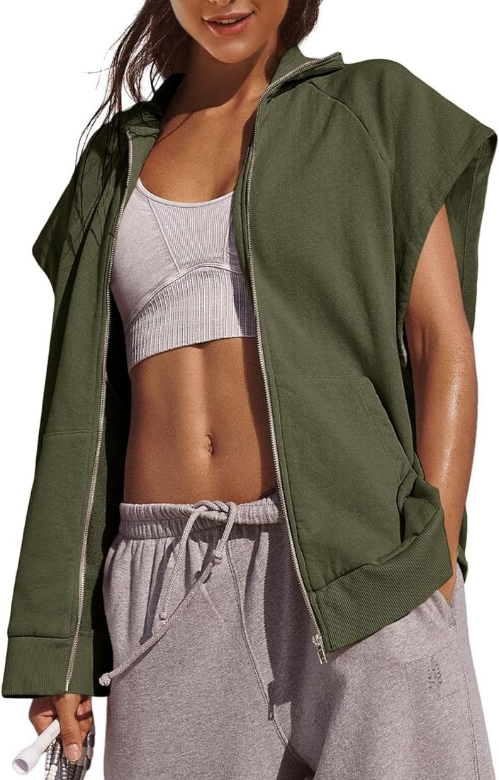 Fisoew Women's Zip Up Sweatshirts Sleeveless Oversized Casual Solid Color Sweatshirt with pockets | Amazon (US)