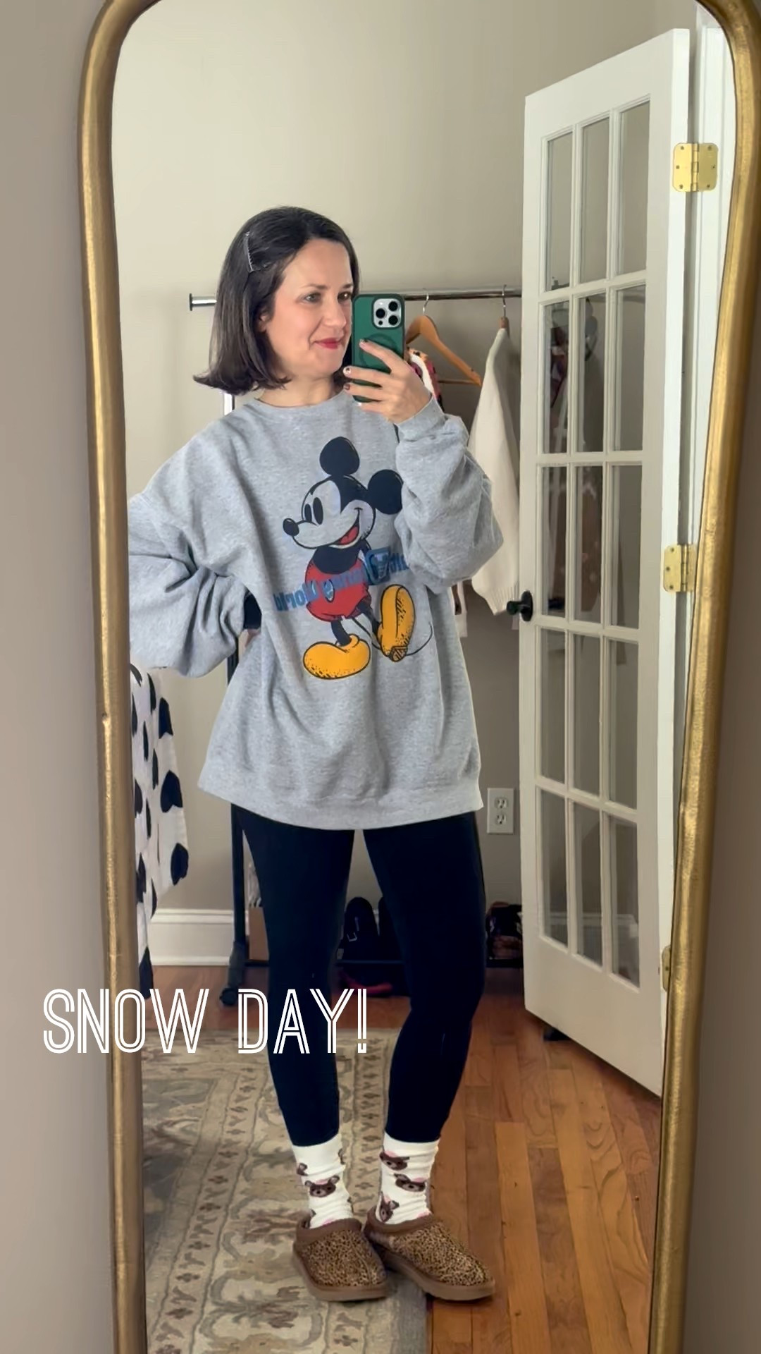 Snow day! Oversized vintage Mickey sweatshirt, my Lululemon leggings (that I’ve had for 7+ years!), fuzzy socks and Ugg Tazman slippers. 

#LTKdayinmylife #LTKOver40 #LTKSeasonal