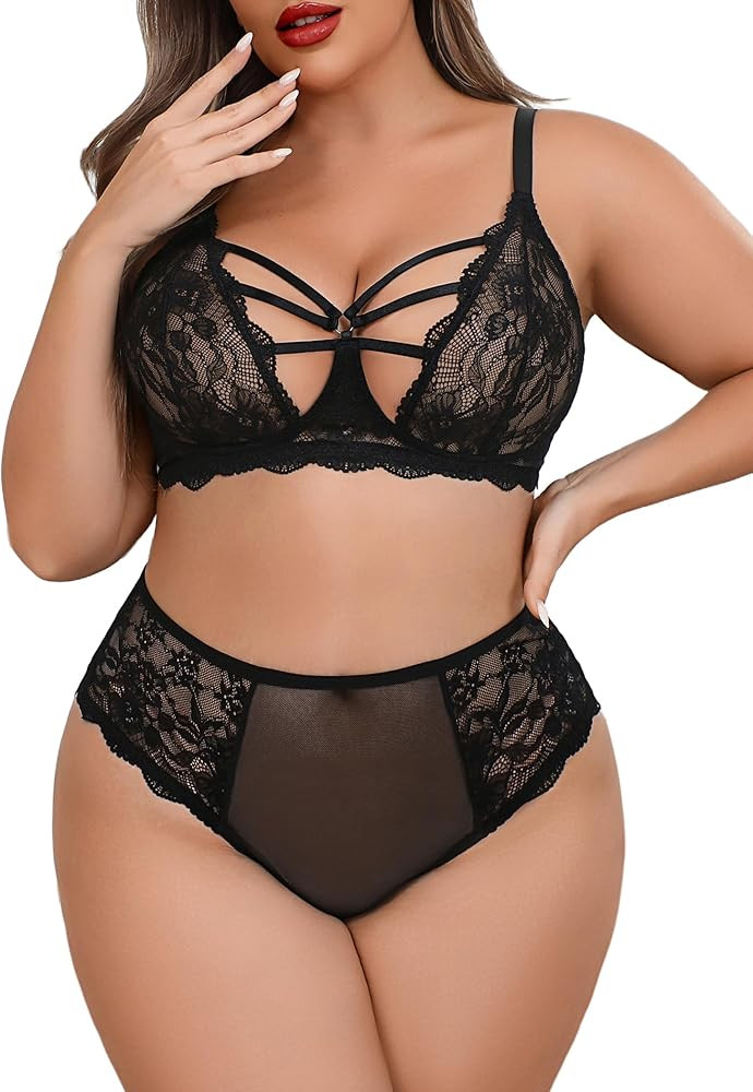 Avidlove Plus Size Lingerie Set for Women Lace Bra Panties Set 2 Piece Lingerie | Amazon (US)
