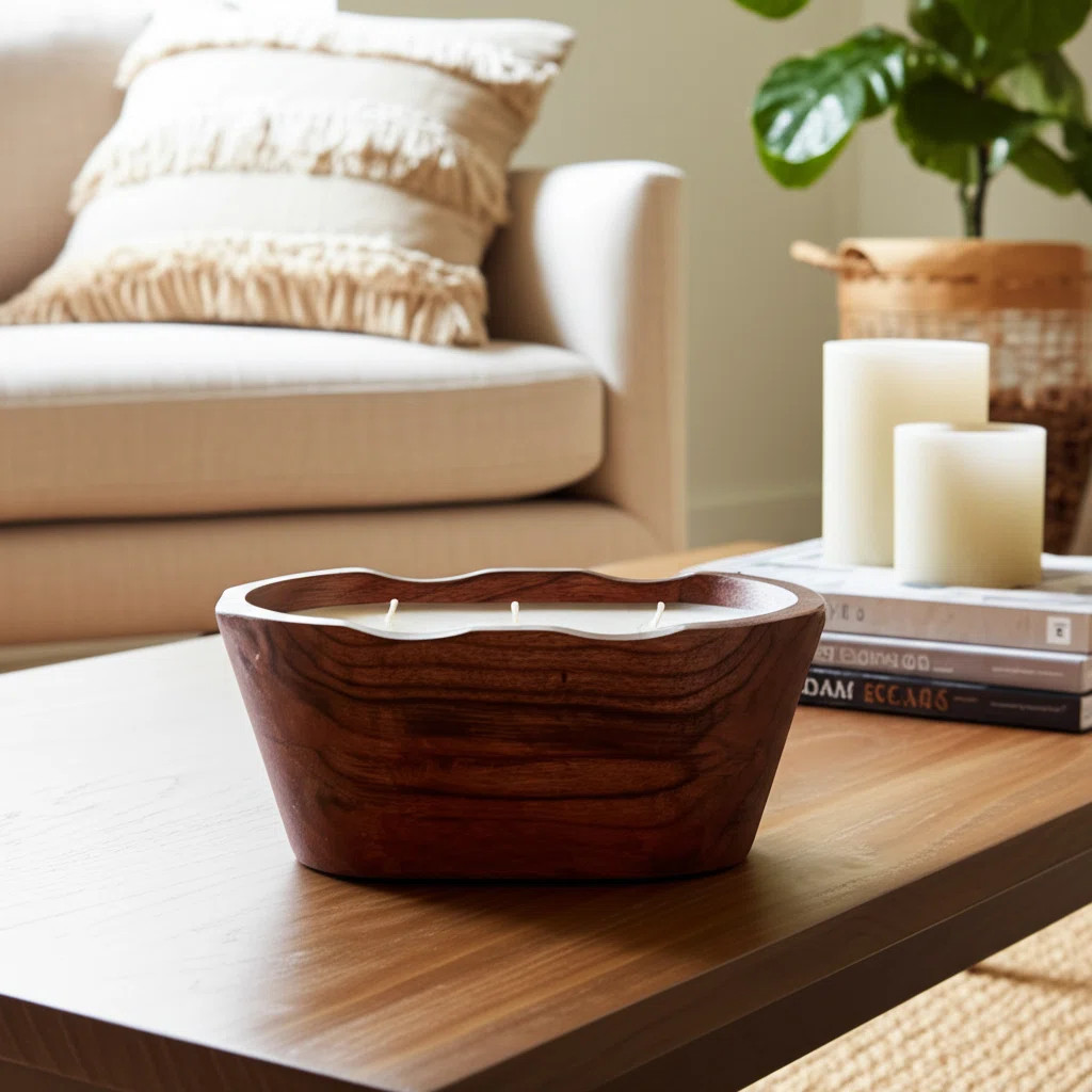 Jeimi Sculpted Acacia Wood and Wax Multi-Wick Candle with Carved Oval Vessel and Artisan-Inspired... | Wayfair North America