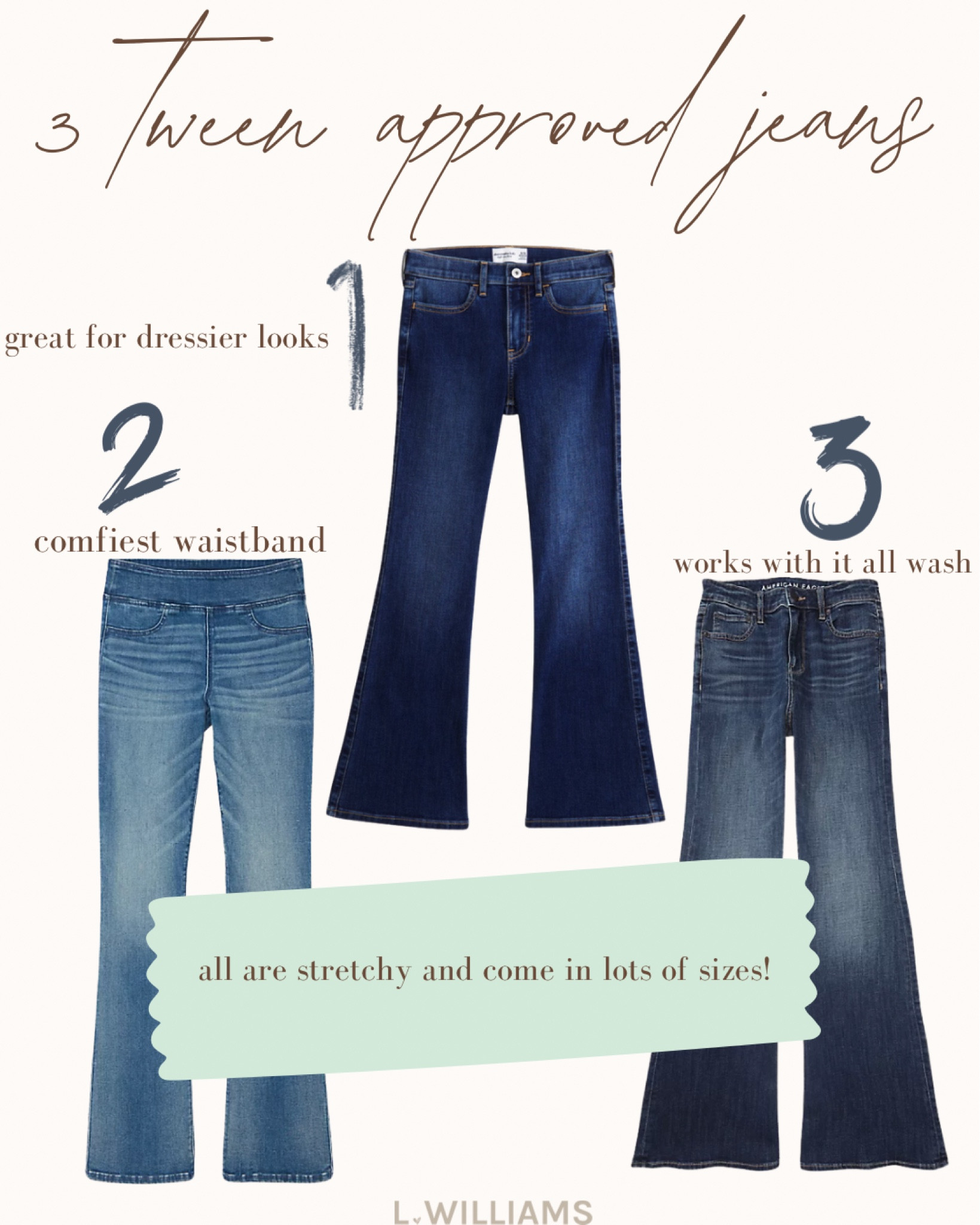 I have ordered almost 20 pairs of denim for my 13 year old!! She wants Stretchy + Flare Leg.
These 3 finally made the YES pile and I am thrilled. She is 5 ft tall and pretty petite. Wearing a 000 regular in aerie and 11/12 long in Abercrombie! 

#LTKKids #LTKFindsUnder50