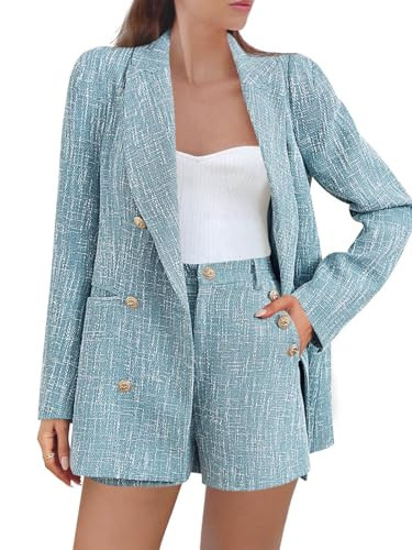 Cicy Bell Womens 2 Piece Tweed Blazer Shorts Sets Long Sleeve Double Breasted Suit Jackets Business Outfit Blue | Amazon (US)