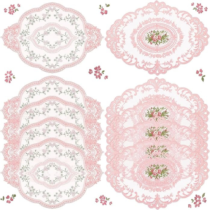 Mixweer 10 Pcs Pink Retro Lace Placemats Oval Embroidered Table Place Mats French Crochet Doilies... | Amazon (US)
