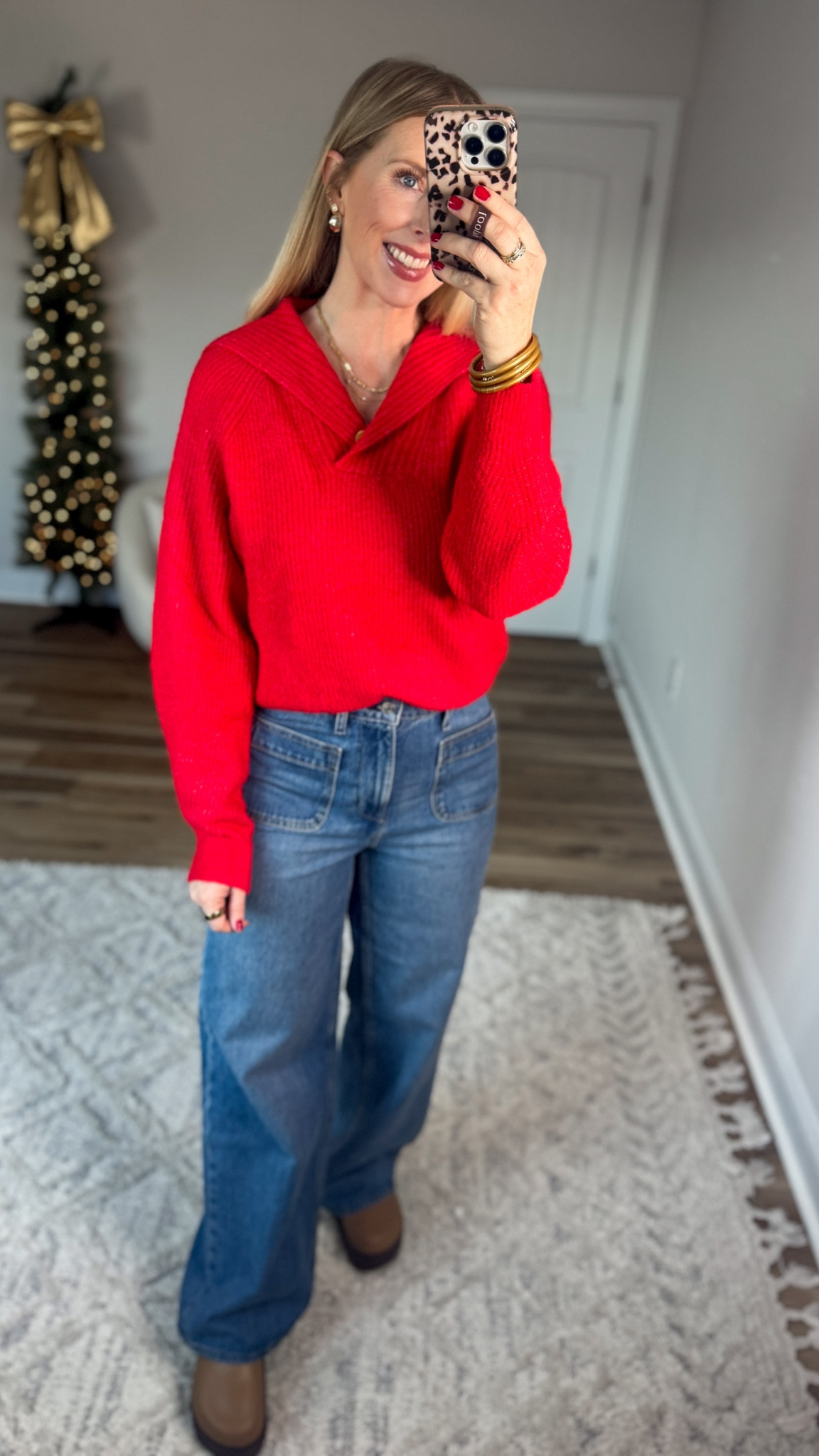 Daily try on, Walmart outfit, Walmart fashion, Walmart try on, red sweater, patch pocket jeans 

Small 

#LTKSaleAlert #LTKootd #LTKFindsUnder50