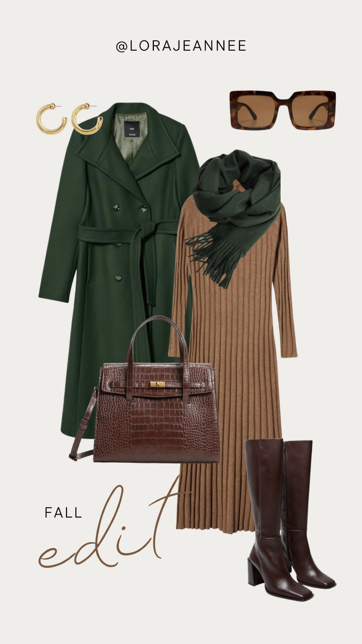 Fall fashion edit! Gorgeous green coat, long sweater dress, green scarf, brown shoulder bag, knee high boots.  Happy shopping 💃 @lorajeannee xx

#LTKSeasonal #LTKU #LTKworkwear