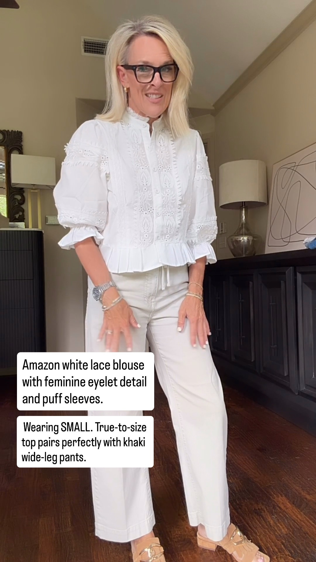This lightweight Amazon blouse is one of those special pieces you’ll wear for years. The feminine lace detail and puff sleeves elevate any outfit, it’s true to size (I’m wearing a small), and it pairs perfectly with these khaki wide-leg pants. I linked my premium Paige pair plus a similar budget-friendly option!

💡 LTK MADE EASY
❤️ Heart = Support my posts!
🔖 Save = Get sale & restock alerts
📋 Lists = Keep favorites organized
📲 Share = Send lists and products to a friend. Hello, Christmas List!
💬 Comment = Ask me anything about what I’m wearing. :-)

#LTKootd #LTKSeasonal #LTKOver40