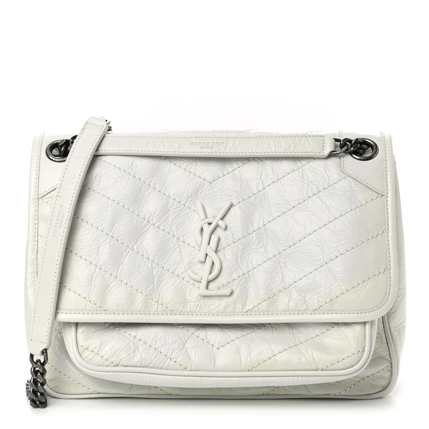 SAINT LAURENT Crinkled Calfskin Matelasse Monogram Medium Niki Chain Satchel Pearl White | FASHIONPHILE (US)
