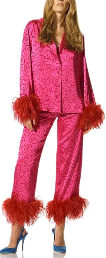 Bow Pajamas with Feathers for Women Valentines Day Pink Heart Pjs Pants Set Holiday Button Shirt ... | Amazon (US)