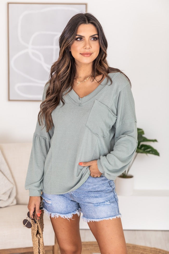 Counting The Minutes Sage V-Neck Balloon Sleeve Blouse | Pink Lily