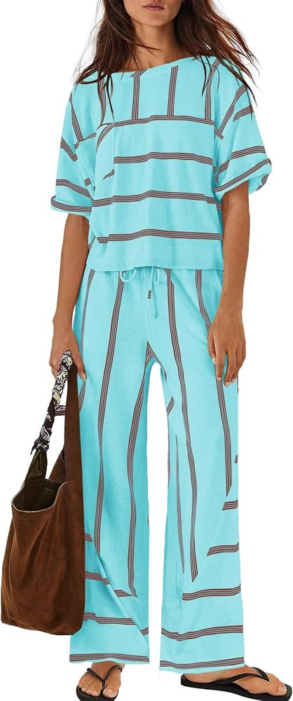 Nirovien Womens Striped Lounge Set 2 Piece Vacation Sets Short Sleeve Tops and Wide Leg Pants Tra... | Amazon (US)