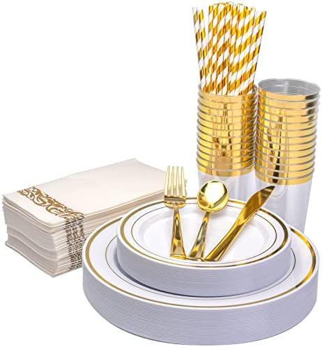200PCS Plastic Disposable Dinnerware Sets, Gold Rim Plates, Gold Cutlery, Clear Cups, Paper Straw... | Amazon (US)