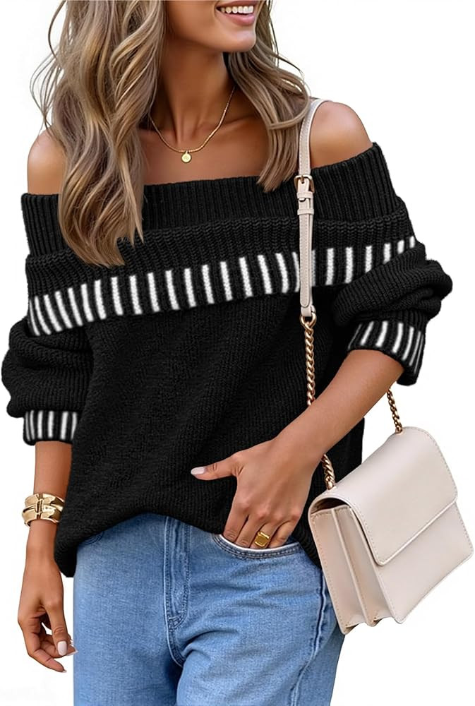 MEROKEETY Women's Off Shoulder Sweater 2025 Fall Winter Fashion Oversized Ribbed Knit Striped Pul... | Amazon (US)