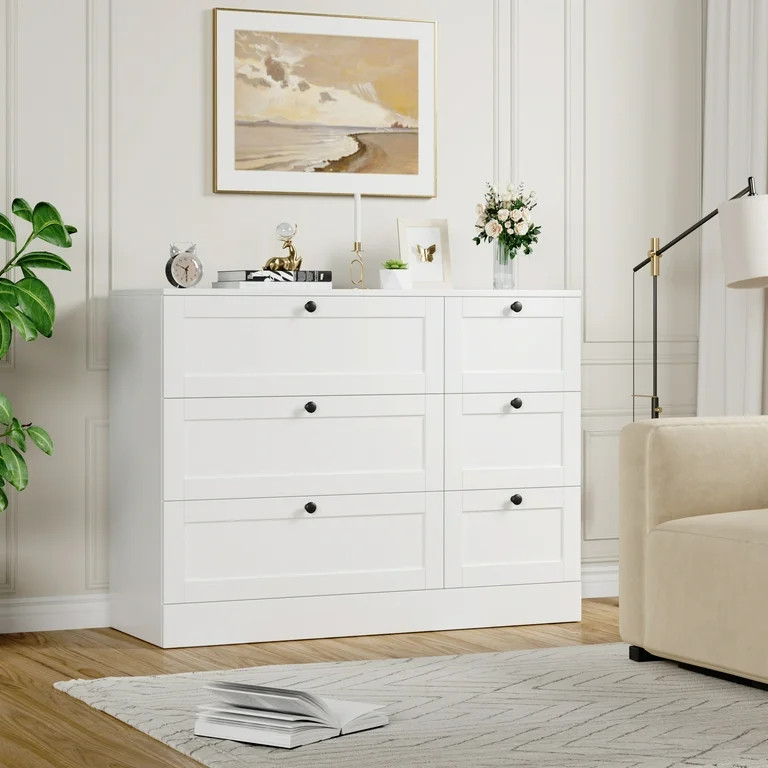 Homfa 6 Drawer White Double Dresser,Wood Storage Cabinet for Living Room, Chest of Drawers for Be... | Walmart (US)