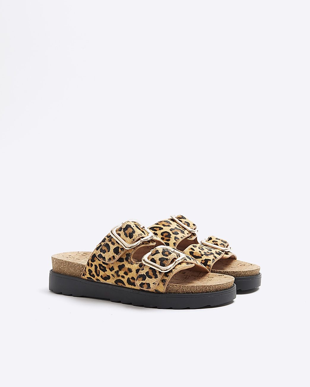 Brown Leather Animal Print Buckle Sandals | River Island (UK & IE)