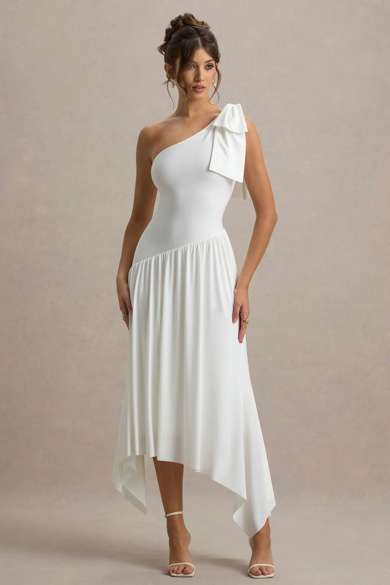 Lotus Love | White One-Shoulder Hanky-Hem Maxi Dress With Bow | Club L London