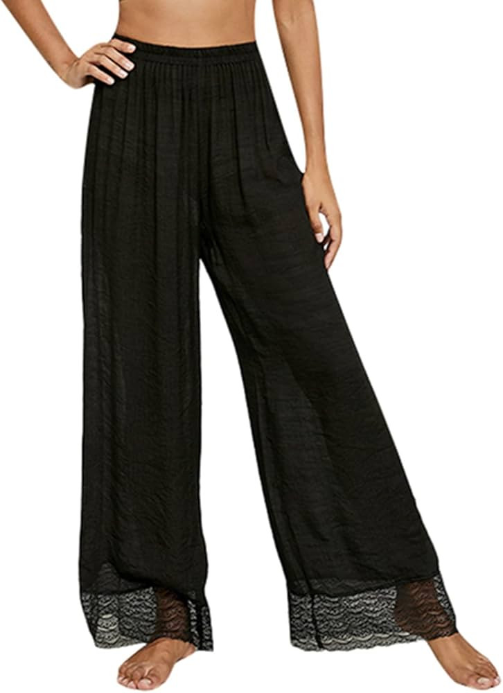 RUEWEY Women Cotton Linen See Through Cover up Pants Bikini Bottom Wide Leg Palazzo Pajamas Trous... | Amazon (US)