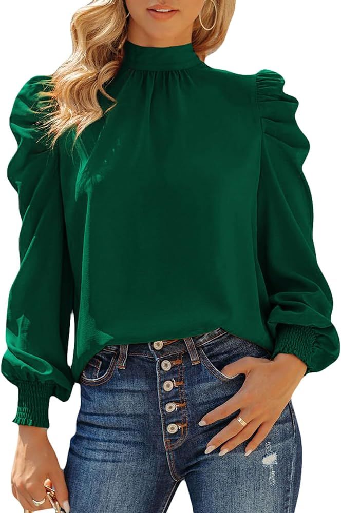 EVALESS Womens High Neck Puff Long Sleeve Dressy Casual Work Loose Blouses Tops Shirts | Amazon (US)