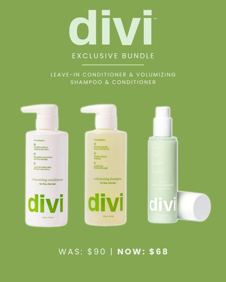 Divi exclusive bundle deal! Leave-in conditioner and volumizing shampoo & conditioner was: $90 now: $68 😍😍

#LTKsalealert #LTKfindsunder100 #LTKbeauty