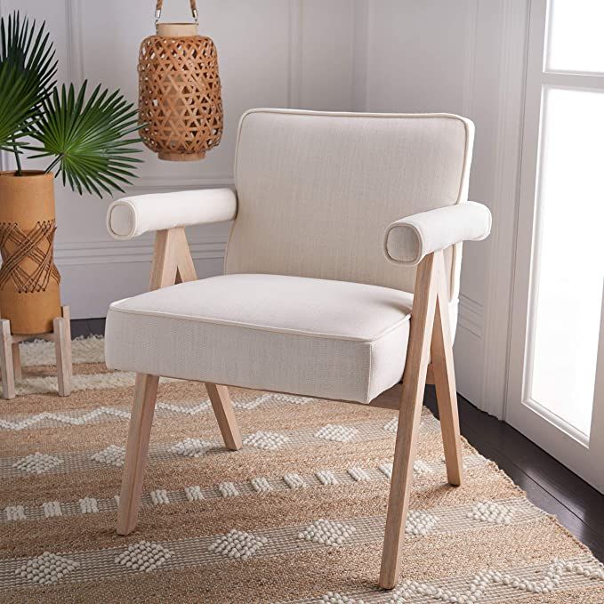 Safavieh Home Suri Mid-Century Modern Bone Linen and White Washed Arm Chair | Amazon (US)