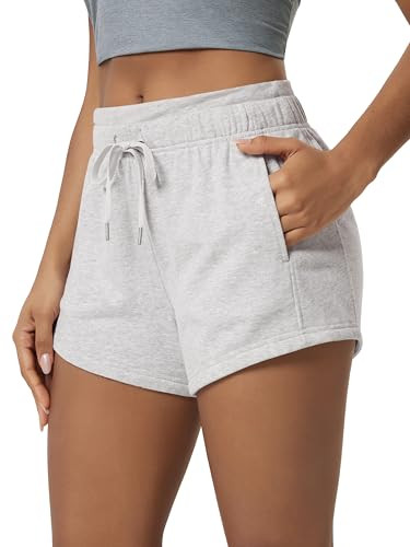 ODODOS Women's Sweat Shorts with Pockets Cotton French Terry Drawstring Summer Workout Casual Lounge Shorts, White Heather, Medium | Amazon (US)