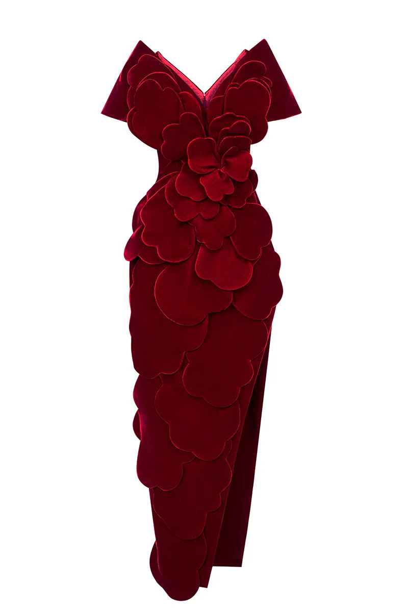 VELVET PETAL STRUCTURED MAXI DRESS IN RED | HAPPY CLOTHING | CULT MIA | CULT MIA UK LTD
