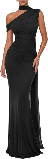 Isolde Women's One Shoulder Mesh Ribbon Ruched Formal Maxi Dress | Amazon (US)