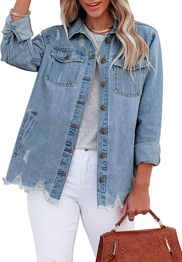 Angerella Women's Denim Jacket Casual Long Sleeve Boyfriend Distressed Buttton Down Jean Jacket C... | Amazon (US)