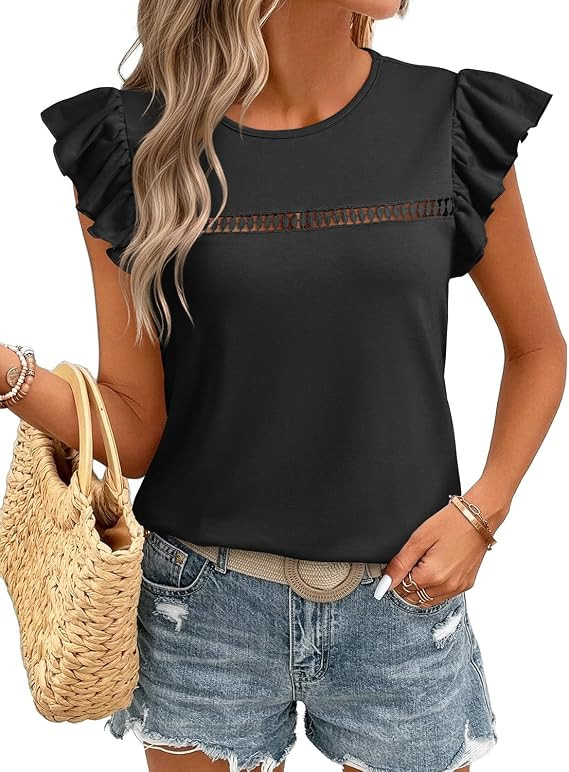 JUSTFASHIONNOW Womens Ruffle Short Sleeve Tops Cute Summer Shirts Dressy Casual Crew Neck Blouses... | Amazon (US)