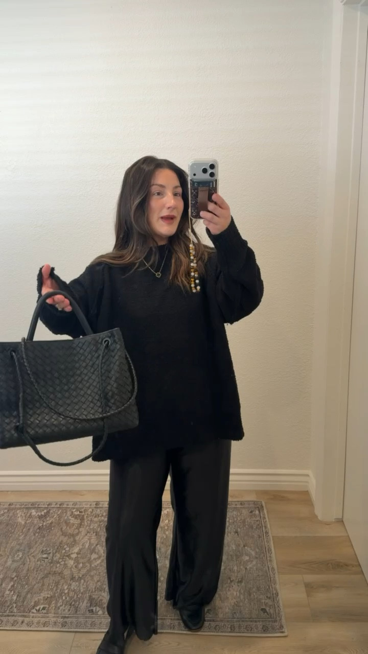 Cozy sweater size medium (I sized up for longer fit) 
Satin pants size small (These have a raw hem so I cut them!) 

5'0" 140lbs 

#LTKPetite #LTKFindsUnder50 #LTKootd